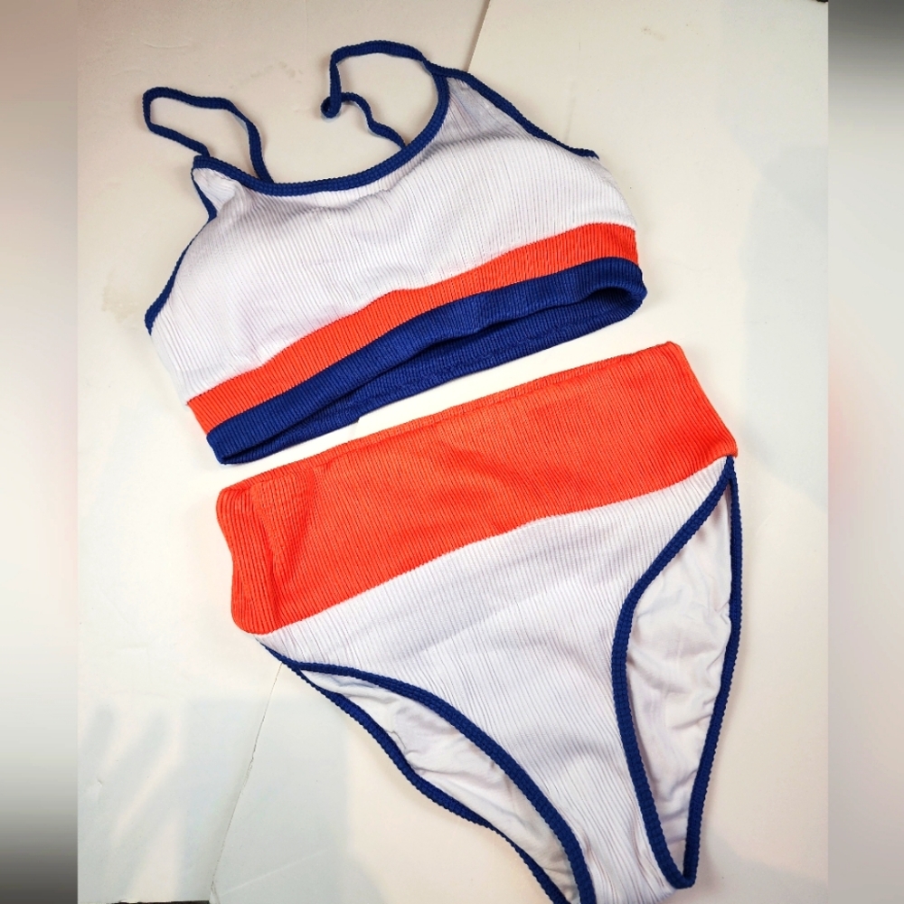 Retro Colorblock High Waist Bikini Set Ribbed Orange‎ White 822  Bikini M